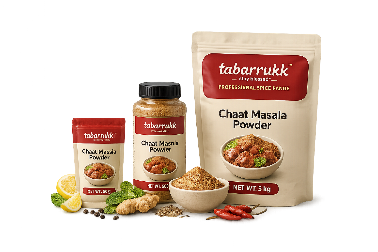 Chaat Masala Powder realistic Tabarrukk transparent packaging range