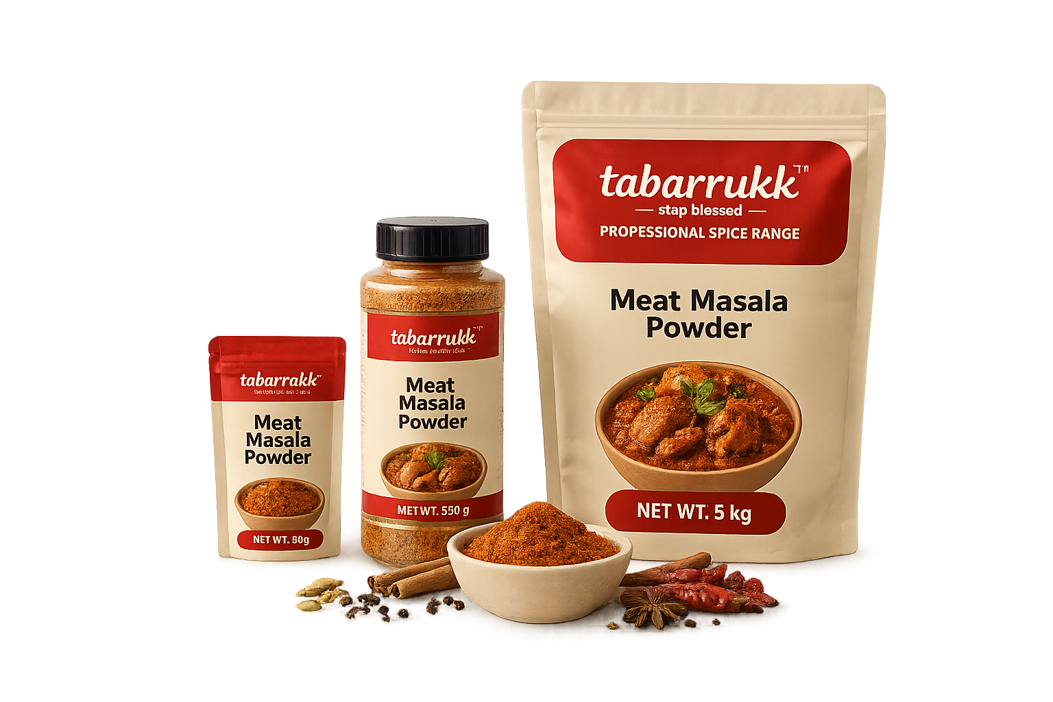 Meat Masala Powder realistic Tabarrukk transparent packaging range